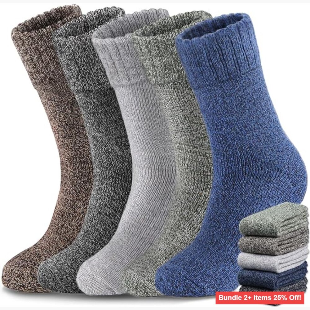 5 Pairs Men's Wool Winter Socks, Thick Warm Hiking Crew Athletic Socks